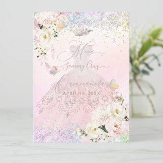 Quinceanera Menü Holografische Mariposa Rosa Rosa Einladung