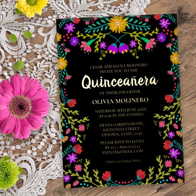Quinceanera Mexican Fiesta Floral Real Gold Folieneinladung (Gold Foil Quinceanera invitation from my Mexican Fiesta Floral collection
)