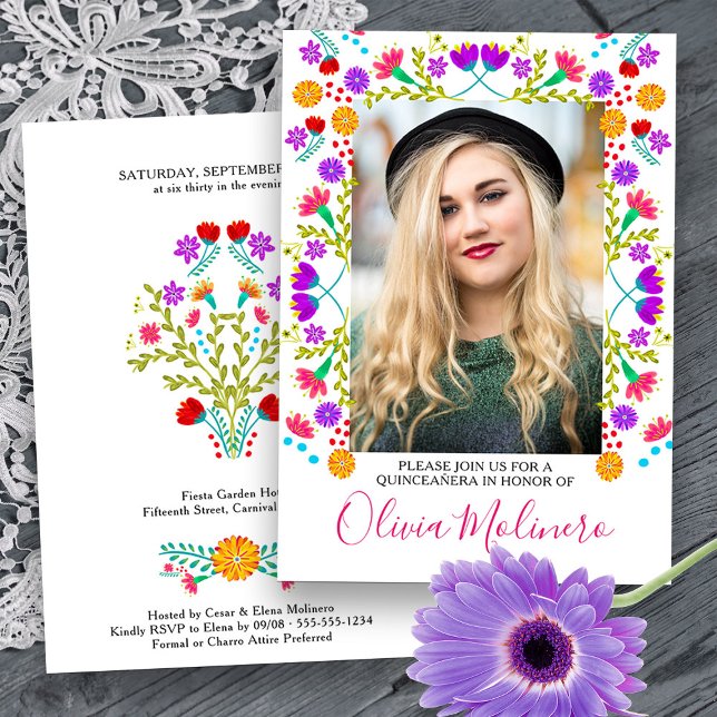 Quinceanera Mexican Fiesta Floral White Foto Einladung (Quinceanera Photo Invitation from Mexican Fiesta Flowers Quinceanera Collection -printed or digital)