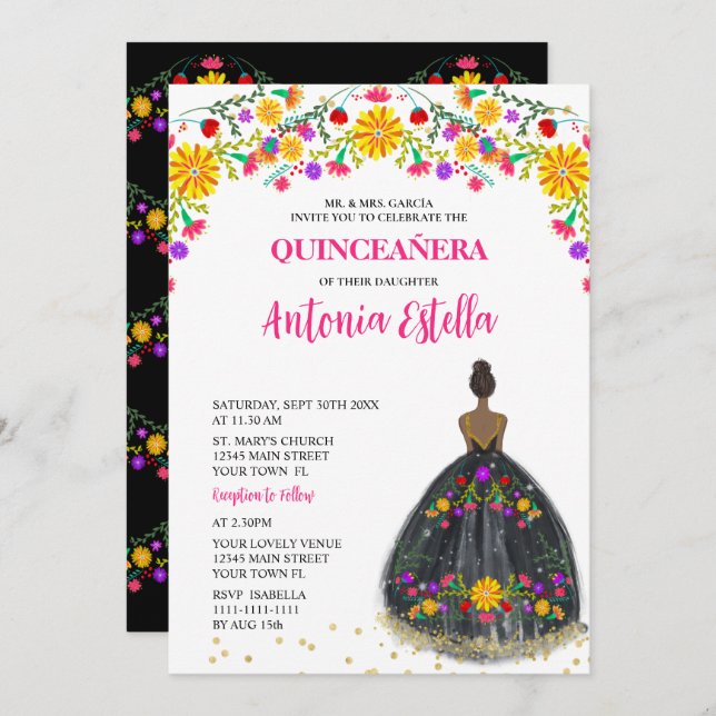 Quinceanera Mexican Fiesta Princess Dress Einladung (Vorne/Hinten)
