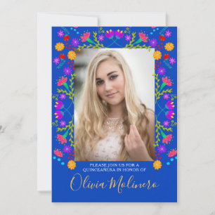 Quinceanera-Mexikanische Fiesta-Blumen Blau Foto Einladung