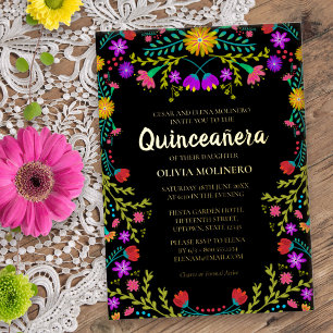 Quinceanera-Mexikanische Fiesta-Blumen echt Gold Folieneinladung