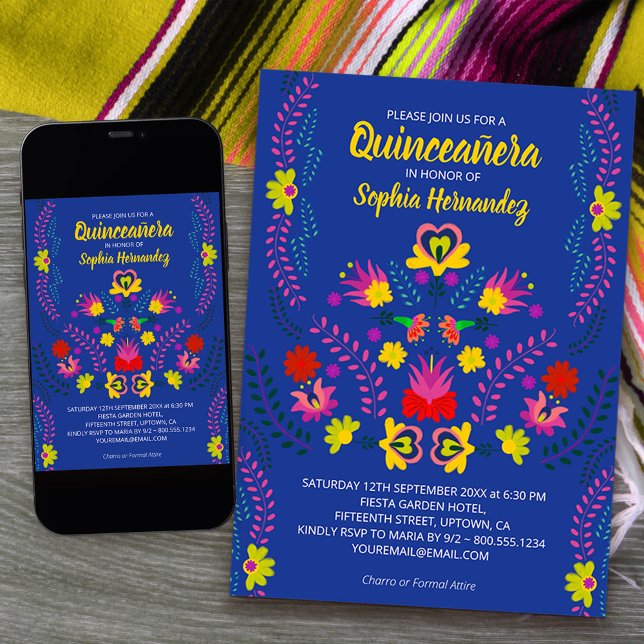 Quinceanera Mexikanisches Party Blume Blue Birthda Einladung (Quinceanera Invitation from my Mexican Fiesta Party collection available printed or printable downlo)