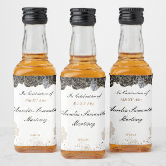 Quinceañera Mini Liquor Flasche Schwarz und Gold Alkoholflaschenetikett