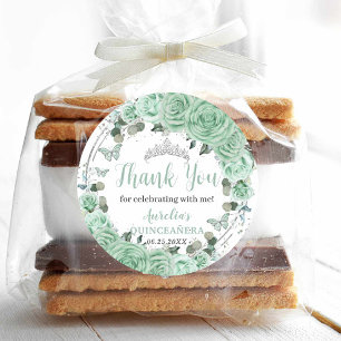 Quinceañera Mint Green Floral Silberschmetterlinge Runder Aufkleber