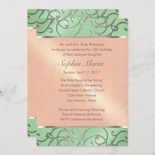 Quinceanera Mint Green Peach Silver Filigree Swirl Einladung (Vorne/Hinten)