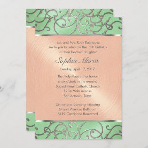 Quinceanera Mint Green Peach Silver Filigree Swirl Einladung