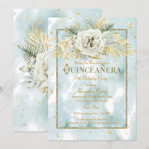 Quinceanera Mint Türkis Gold Marmor Rose Floral Einladung