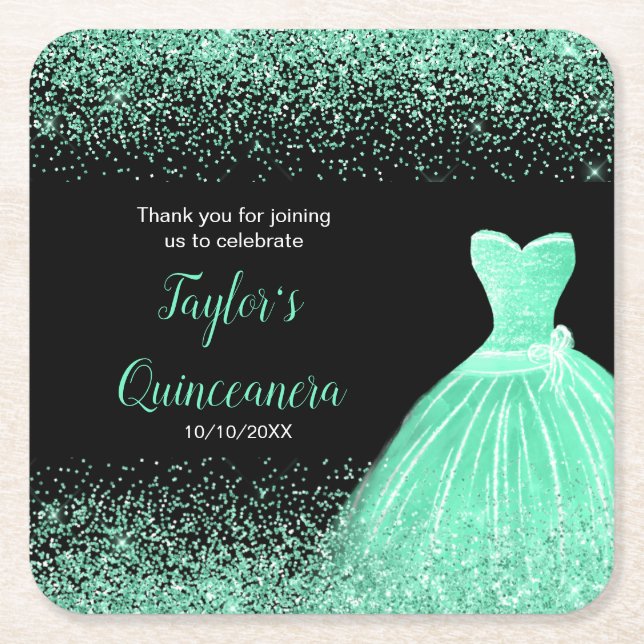 Quinceanera Minze Green Imitats Glitzer Rechteckiger Pappuntersetzer (Vorderseite)