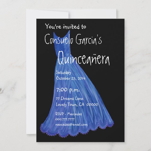 Quinceanera - Mis Quince Anos Blue Dress Template Einladung (Vorderseite)