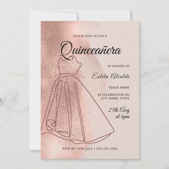Quinceanera Mis Quince Dusty Rose Einladung (Vorderseite)