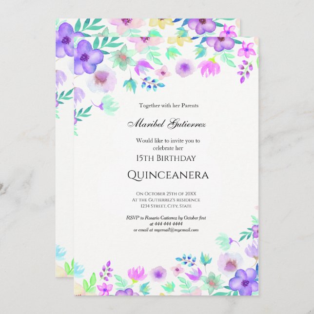 Quinceañera mit Blume Einladung (Vorne/Hinten)