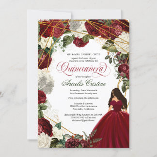Quinceanera mit eleganten Gown- und Bordeaux-Blume Einladung