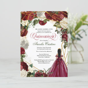 Quinceanera mit eleganten Gown- und Bordeaux-Blume Einladung