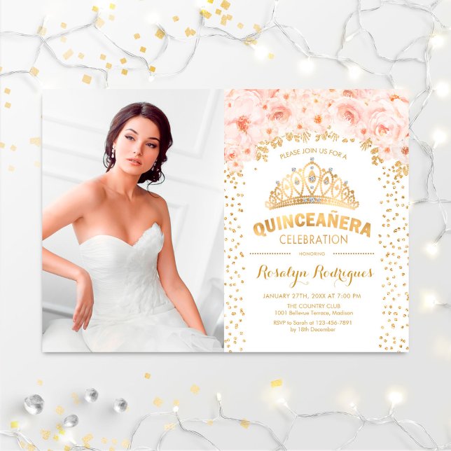 Quinceanera mit Foto - Rosa goldfarbene Blume Einladung (Von Creator hochgeladen)