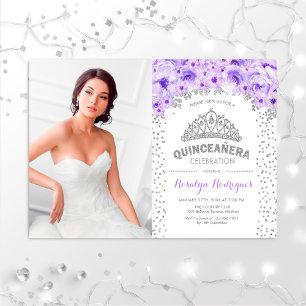 Quinceanera mit Foto - silber, Lila Einladung