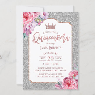 Quinceanera Modern Floral Silver Glitzer Geburtsta Einladung