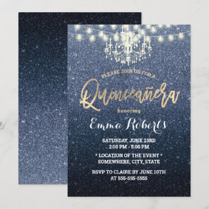 Quinceanera Modern Navy Blue Glitzer Chandelier Einladung