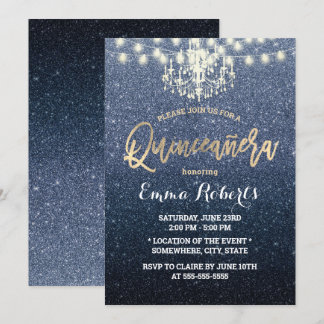 Quinceanera Modern Navy Blue Glitzer Chandelier Einladung
