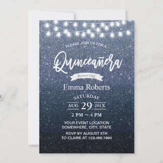 Quinceanera Modern Navy Blue Glitzer String Lights Einladung