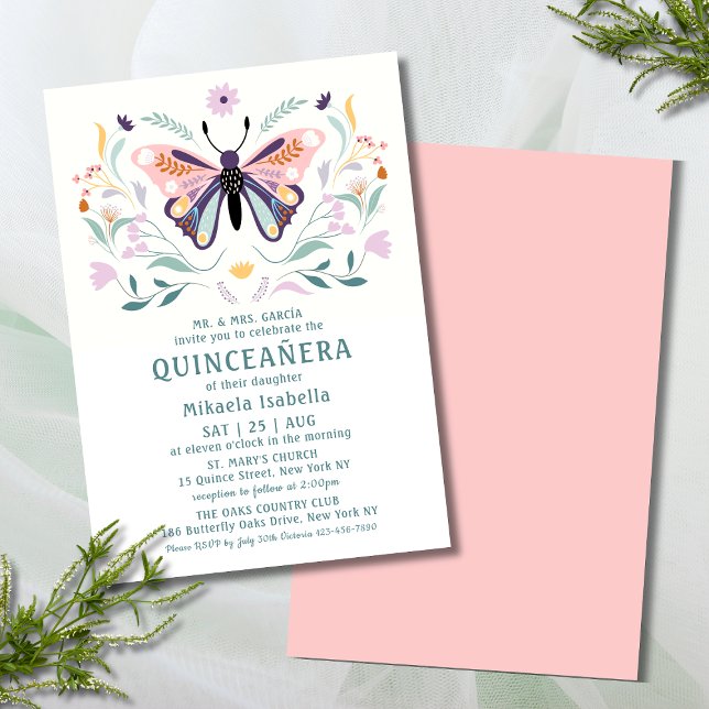 Quinceañera Moderne rosa Lila Schmetterlingsflora Einladung (Von Creator hochgeladen)