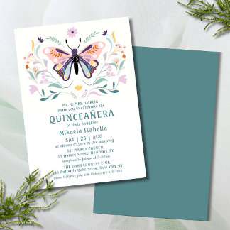 Quinceañera Moderne rosa Lila Schmetterlingsflora Einladung