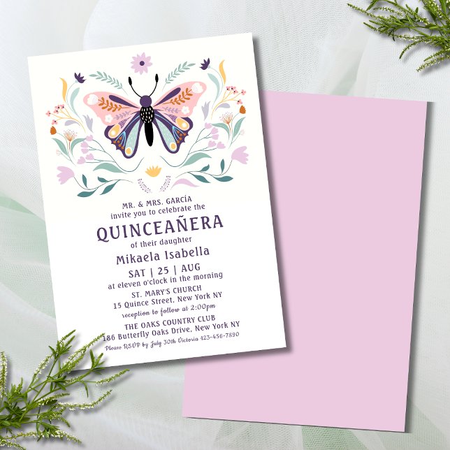 Quinceañera Moderne rosa Lila Schmetterlingsflora Einladung (Von Creator hochgeladen)