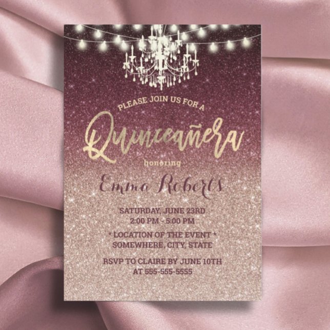 Quinceanera Moderne Rose Gold & Burgund Glitzer Einladung (Von Creator hochgeladen)