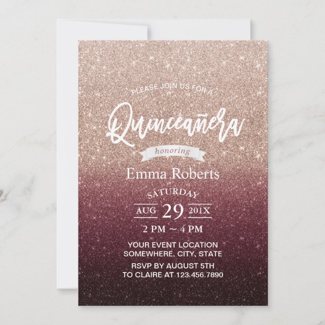 Quinceanera Modernes Burgund & Rose Gold Ombre Einladung (Vorderseite)