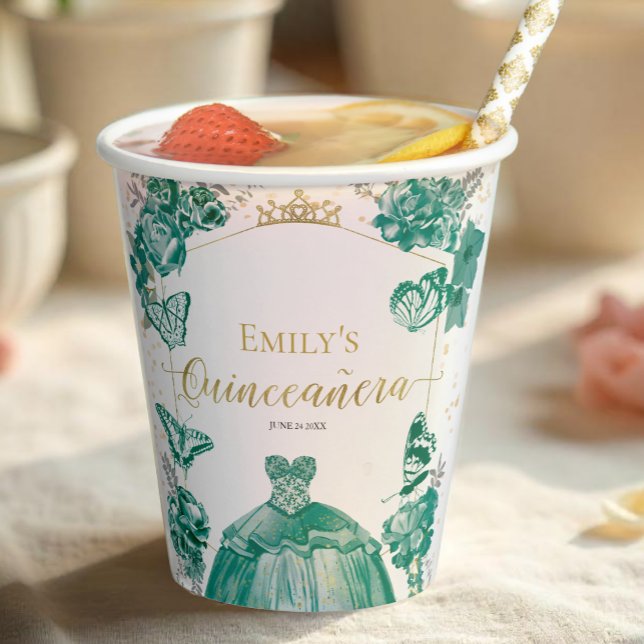 Quinceanera Napkins Emerald Green Dress Floral Pappbecher (Von Creator hochgeladen)