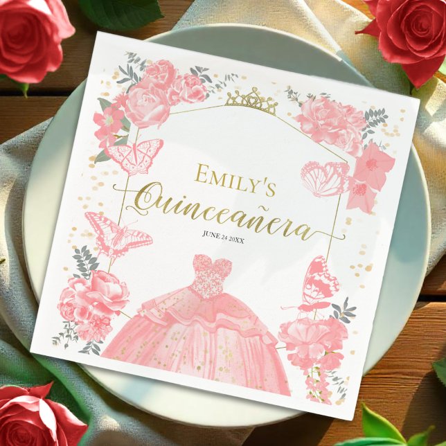 Quinceanera Napkins Rosa Kleid Flora Goldener Foss Serviette (Von Creator hochgeladen)