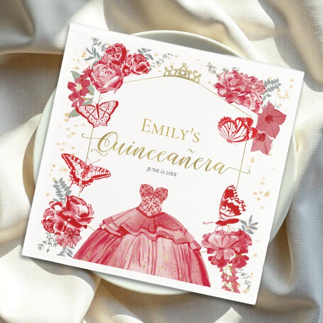 Quinceanera Napkins Rotes Kleid Flora Goldener Fos Serviette (Von Creator hochgeladen)