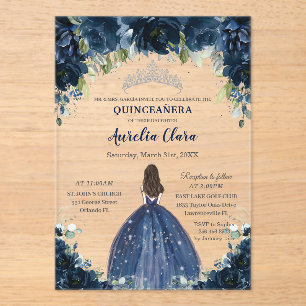 Quinceañera Navy Blau Blumen Silber Prinzessinnen Acryleinladungen