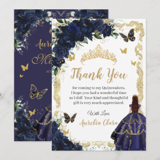 Quinceañera Navy Blau Floral Gold Prinzessin 15 16 Dankeskarte