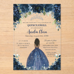 Quinceanera Navy Blau Floral Silber Braun Prinzess Acryleinladungen