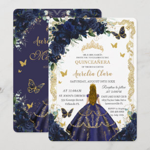 Quinceañera Navy Blauen Blumen Blonde Prinzessin Einladung