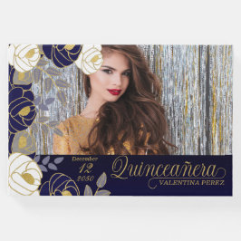 Quinceanera Navy Blue Floral Botanical Gästebuch