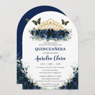 Quinceañera Navy Blue Floral Butterfells Krone Einladung
