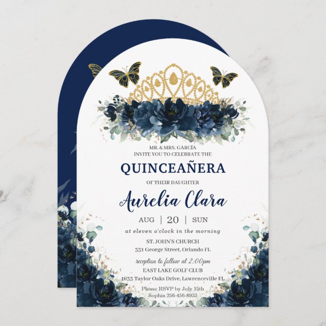 Quinceañera Navy Blue Floral Butterfells Krone Einladung (Vorne/Hinten)