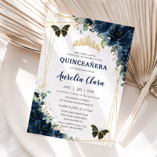 Quinceañera Navy Blue Floral Butterfells Krone Einladung