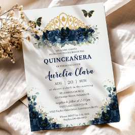 Quinceañera Navy Blue Floral Butterfells Krone Einladung