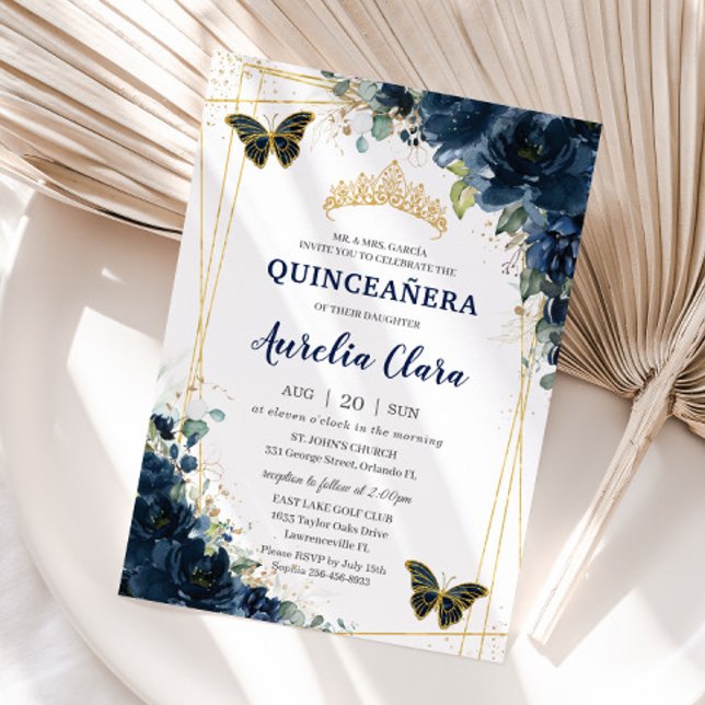 Quinceañera Navy Blue Floral Butterfells Krone Einladung (Von Creator hochgeladen)