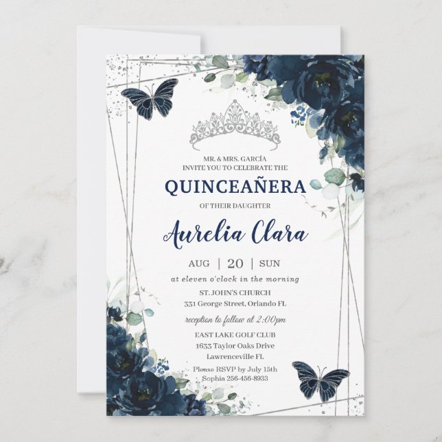 Quinceañera Navy Blue Floral Butterfisch Silver Einladung (Vorderseite)