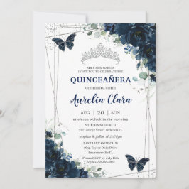 Quinceañera Navy Blue Floral Butterfisch Silver Einladung