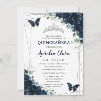 Quinceañera Navy Blue Floral Butterfisch Silver Einladung