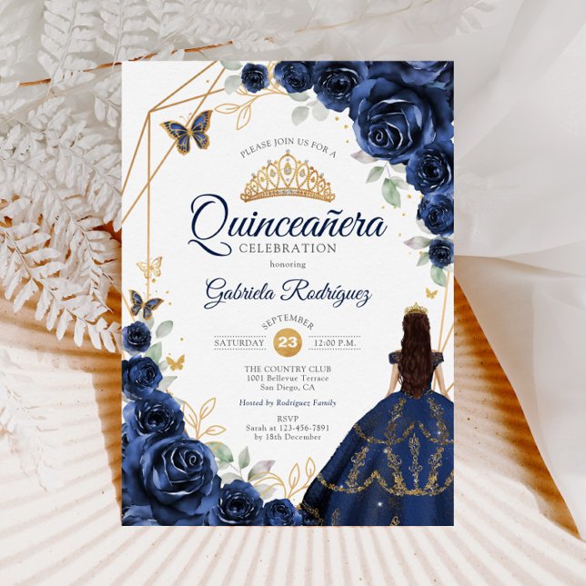 Quinceanera Navy Blue Floral Dress Gold Einladung (Von Creator hochgeladen)