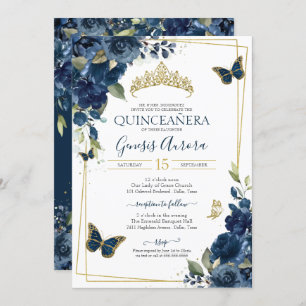 Quinceañera Navy Blue Floral Gold Butterfly Einladung