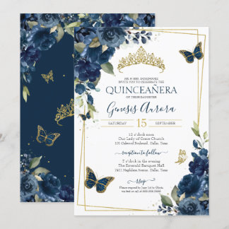 Quinceañera Navy Blue Floral Gold Butterfly Einladung