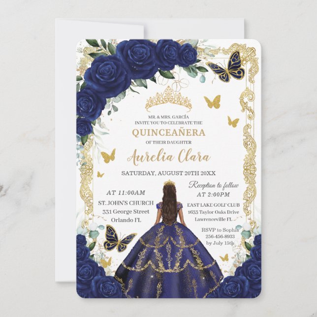 Quinceañera Navy Blue Floral Gold Princess Einladung (Vorderseite)