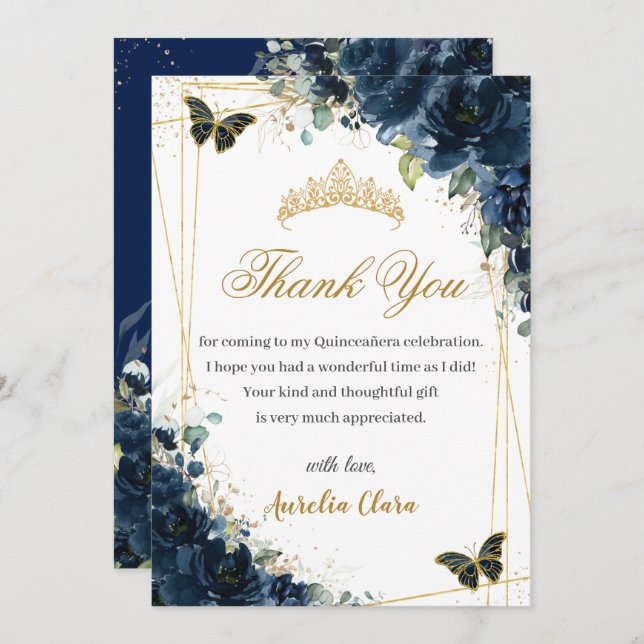 Quinceañera Navy Blue Floral Gold Schmetterlinge Dankeskarte (Vorne/Hinten)